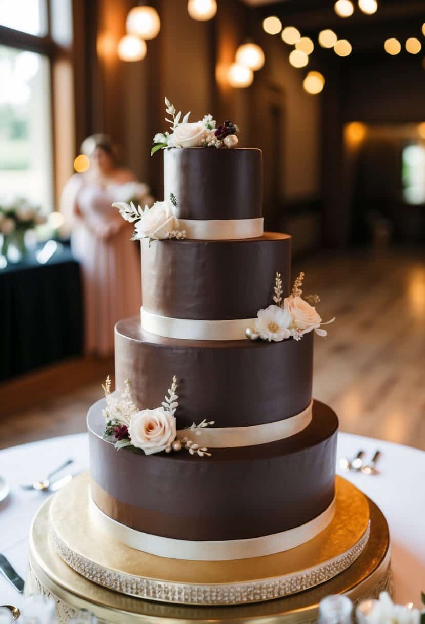 A three-tiered wedding cake in rich espresso brown, adorned with delicate floral accents