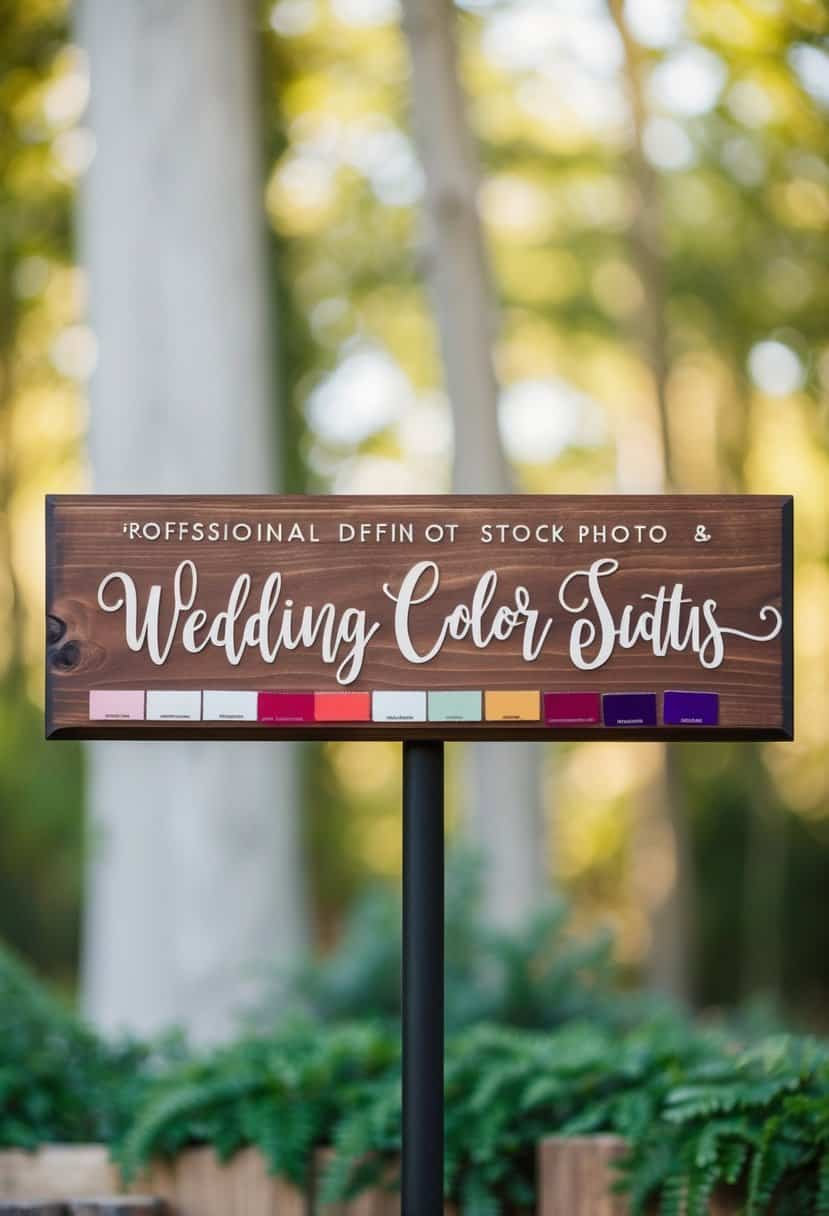 A mahogany wooden sign with wedding color swatches