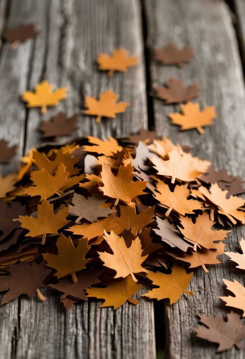 A pile of maple leaf confetti in various shades of brown scattered on a rustic wooden table