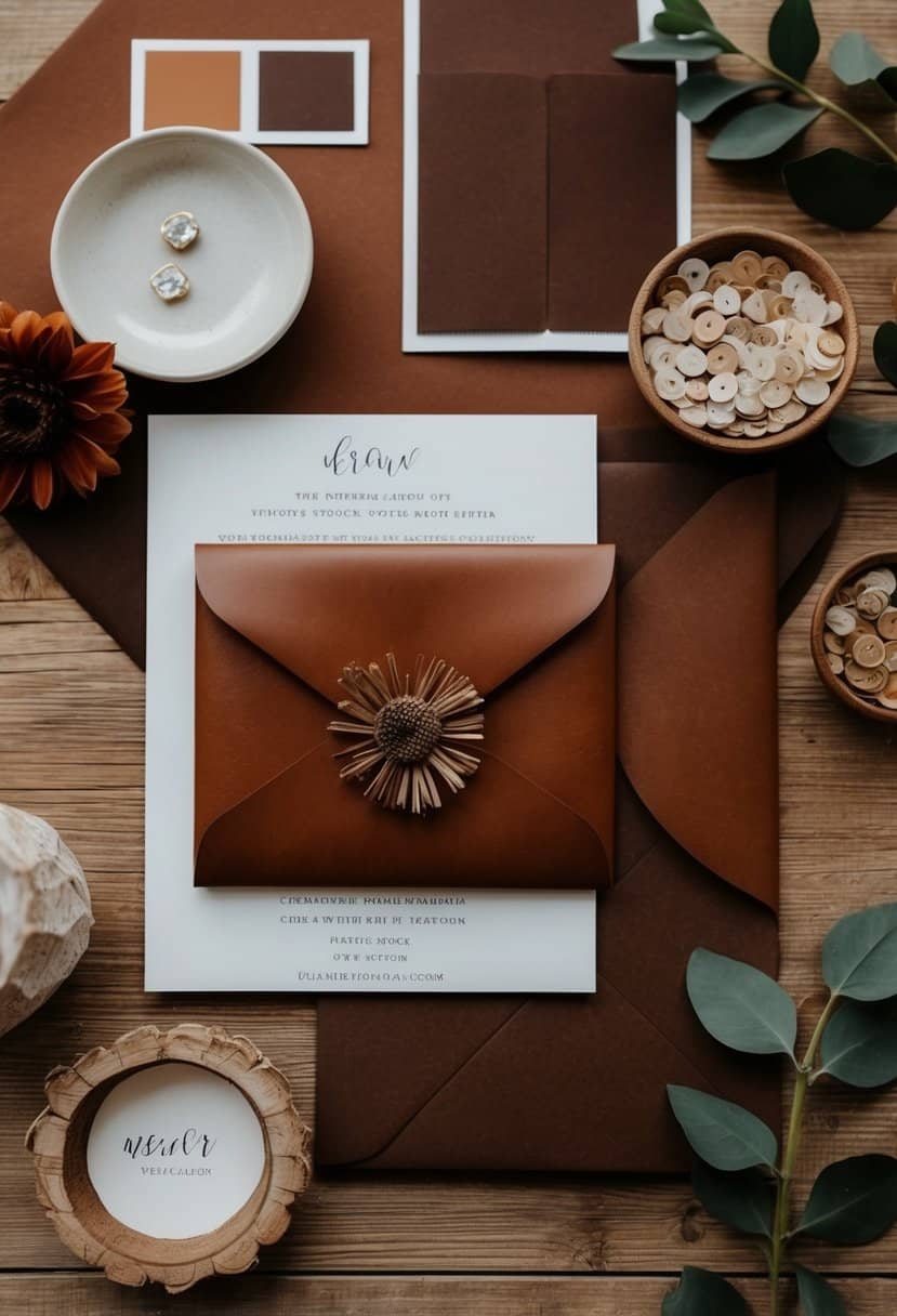 A rustic leather invitation suite displayed with brown wedding color swatches and decor inspiration