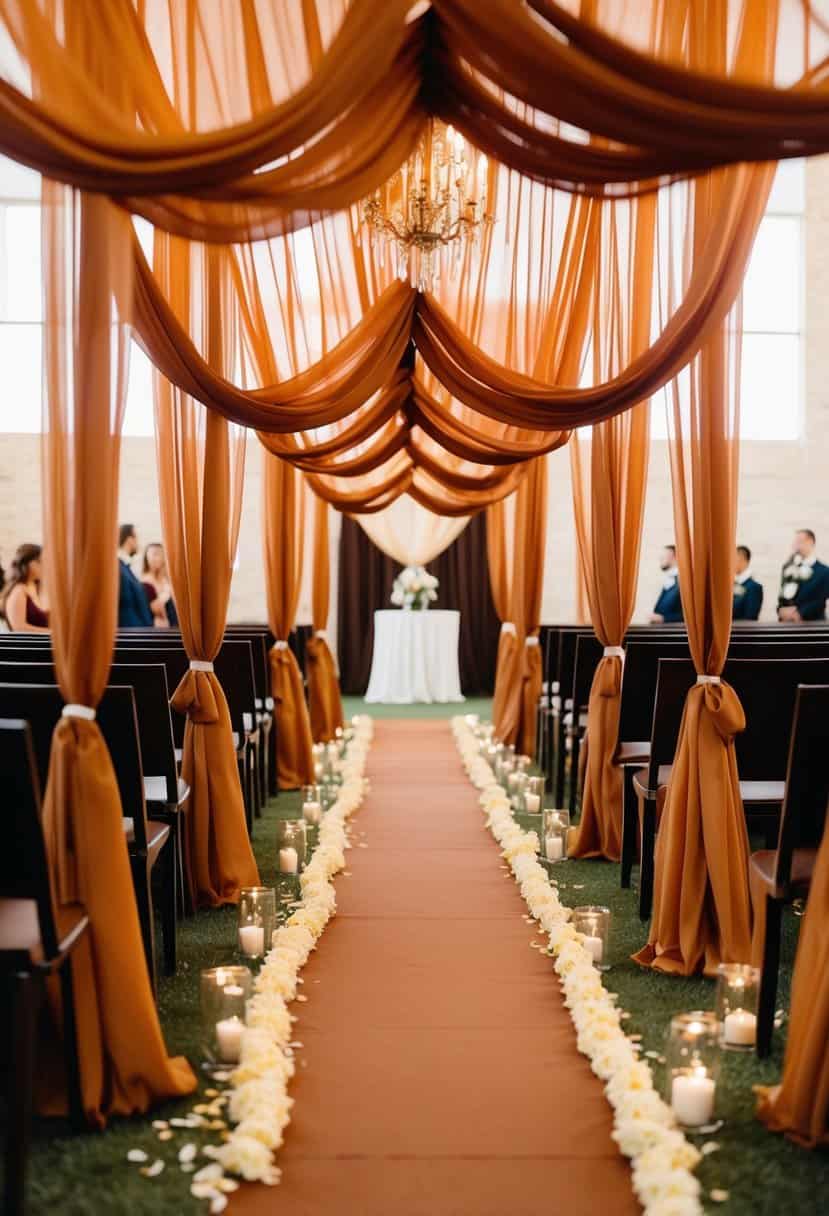 Caramel drapes flowing through brown-colored wedding aisles