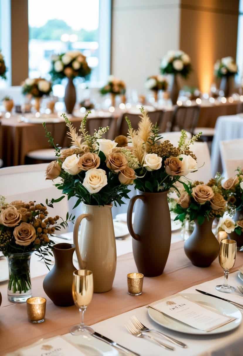 A table with cappuccino-colored floral arrangements in various vases, surrounded by wedding decor in shades of brown