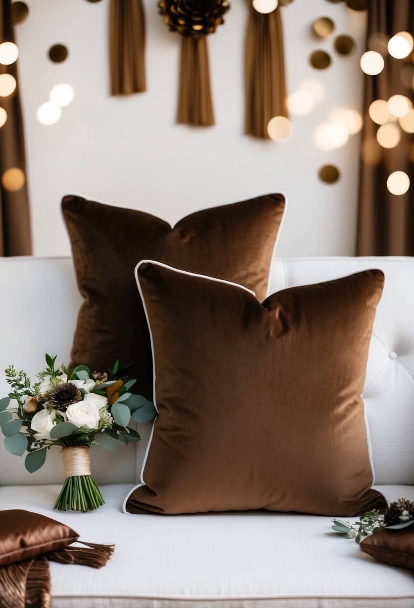 Two mocha accent pillows arranged on a white sofa, surrounded by brown wedding decor and accessories