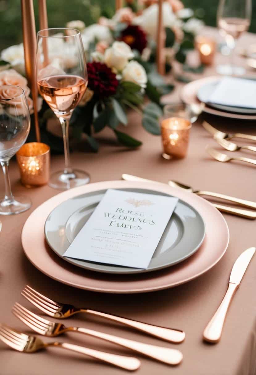 A table set with rose gold flatware, surrounded by coordinating wedding decor in a warm and elegant color palette