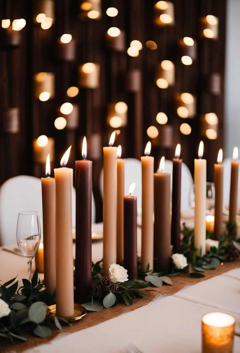 A table with sepia-colored candles in various shades, set against a backdrop of brown wedding decor
