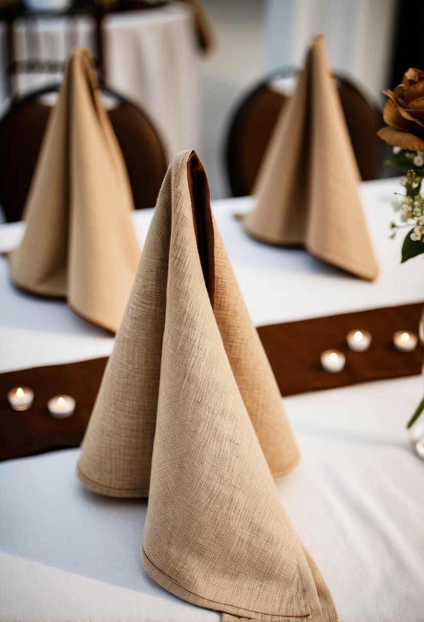 Beige linen napkins arranged on a table with brown wedding decor accents
