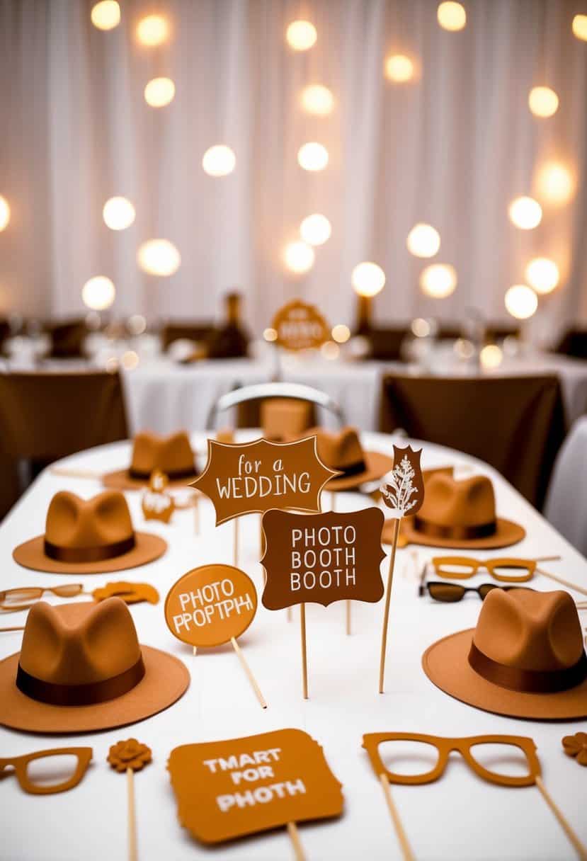 A table set with tan photo booth props for a wedding, including hats, glasses, and signs, all in shades of brown