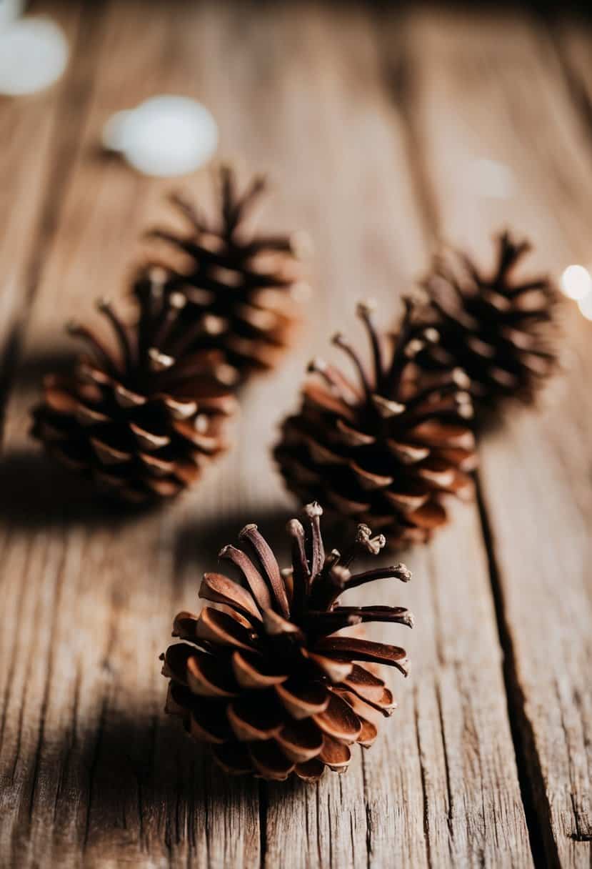 A rustic wedding scene with pinecone boutonnières in earthy brown tones