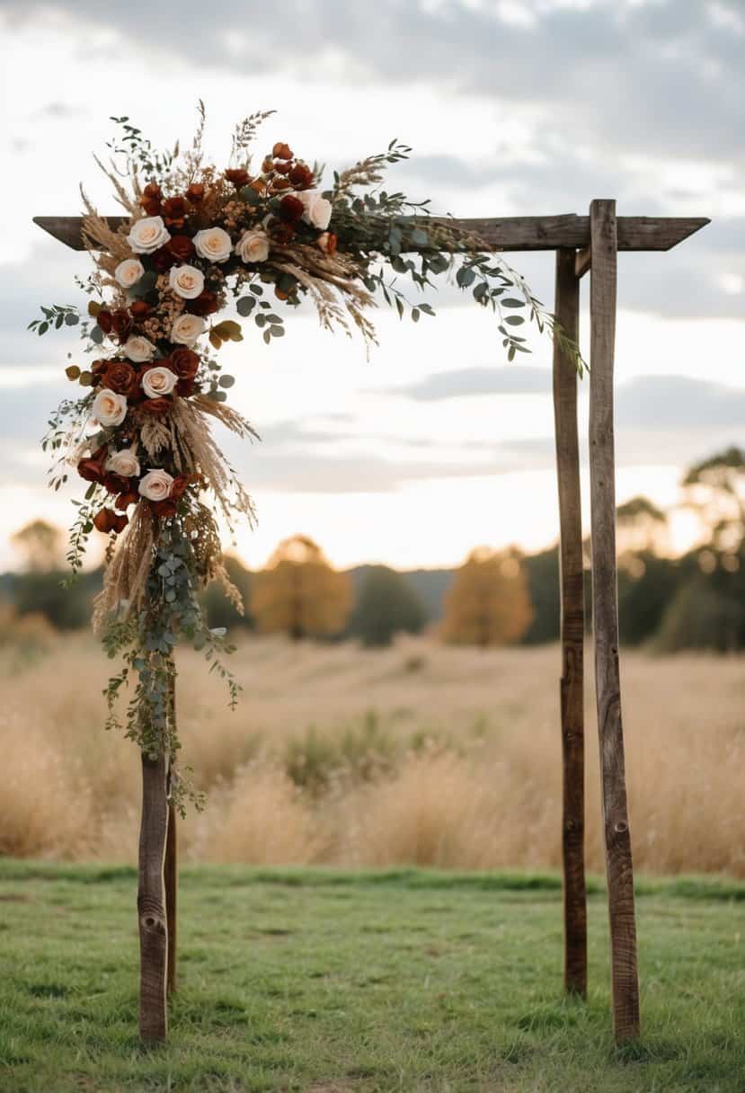 A rustic wedding arch adorned with umber flowers and foliage