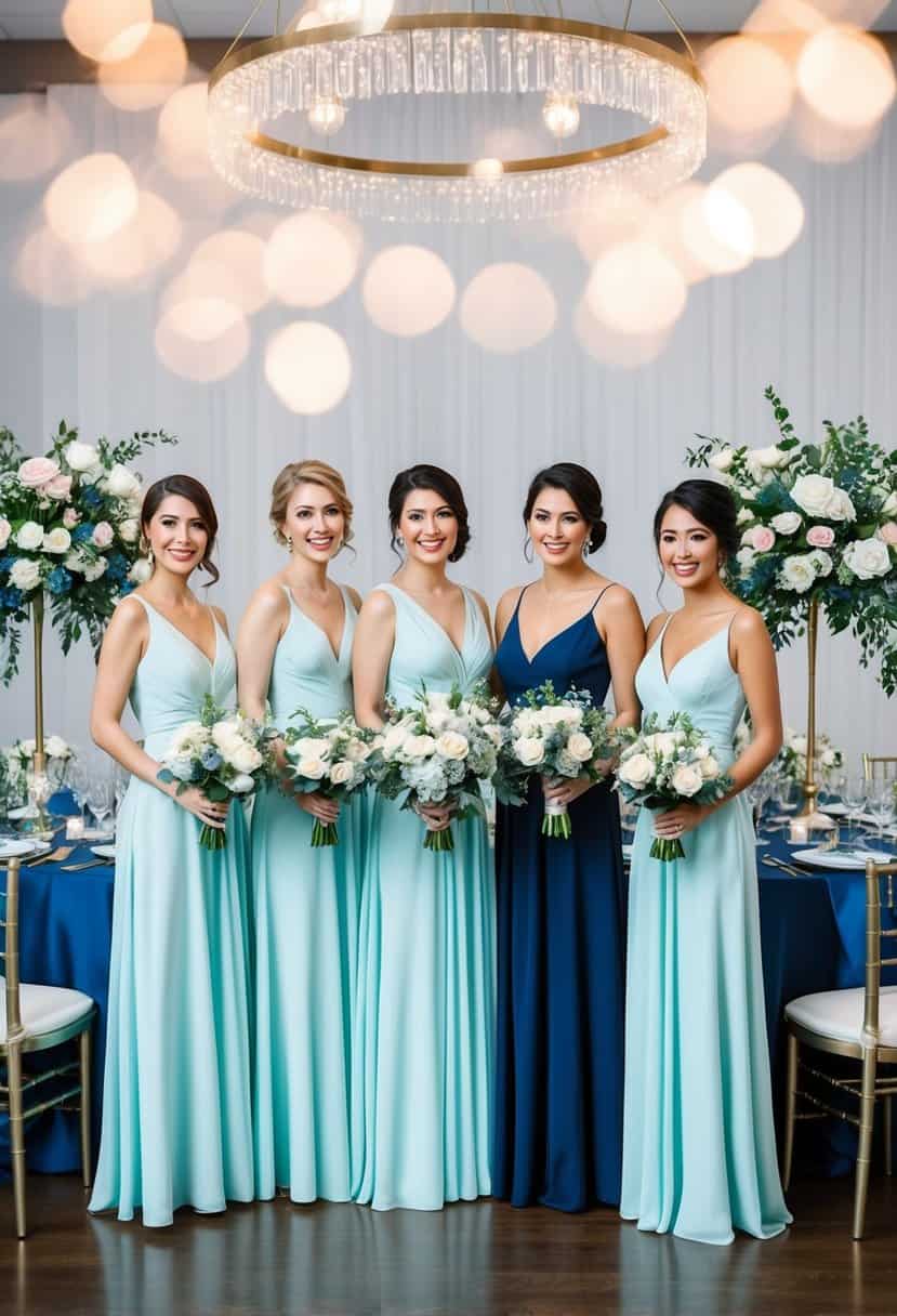 Light cyan bridesmaid dresses in a navy blue wedding setting with floral decor and elegant table arrangements