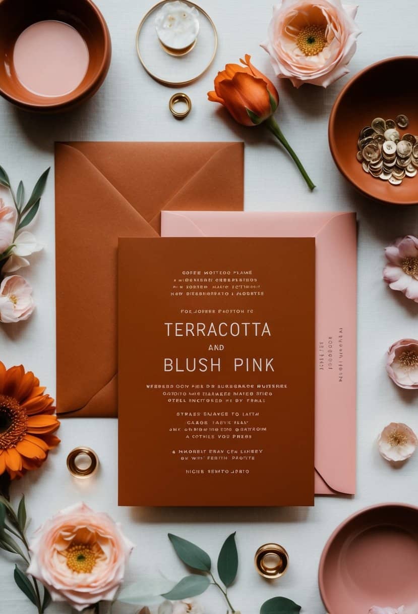 A terracotta and blush pink wedding invitation suite with burnt orange and blush pink color palette