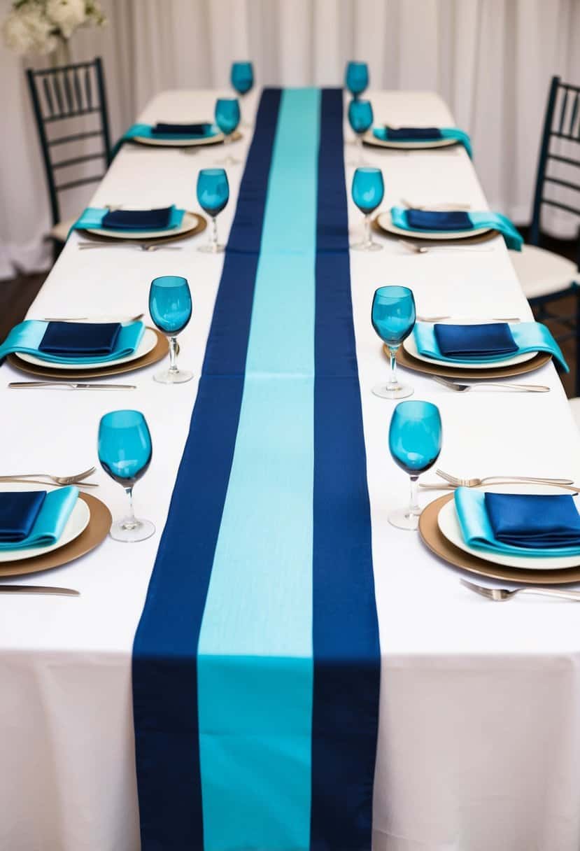 A light cyan and navy blue table runner draping elegantly over a white table, with matching napkins and centerpieces