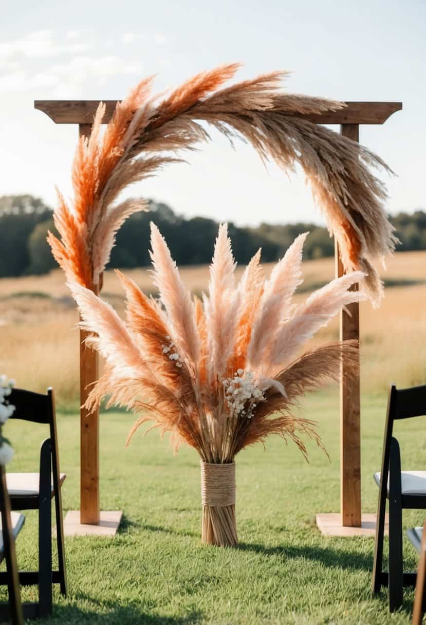 A rustic ceremony arch adorned with pampas grass in burnt orange and blush pink hues