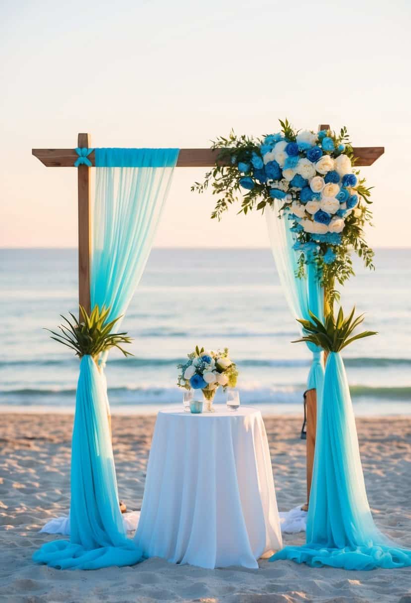 A serene beach wedding with light cyan and navy blue decor, overlooking the ocean at sunset