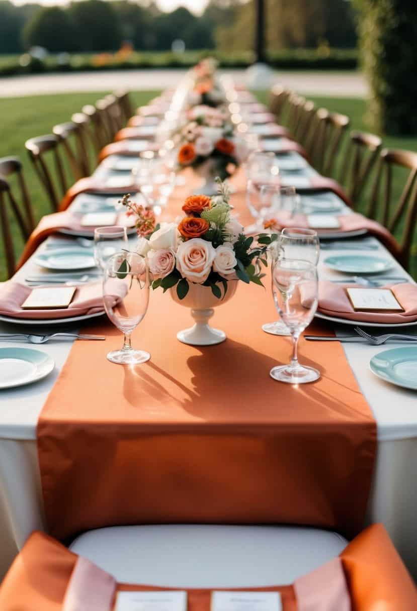 A wedding table set with burnt orange table runners and blush pink accents