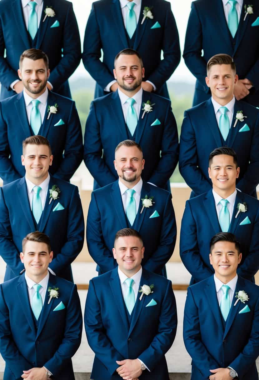 A group of navy blue suits arranged with light cyan accents for a wedding party