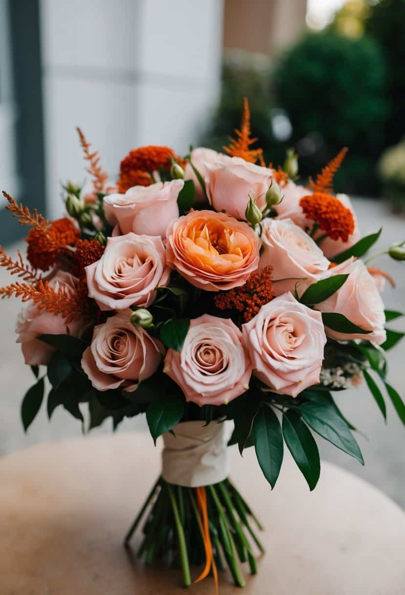 A lush bridal bouquet featuring blush roses and burnt orange accents