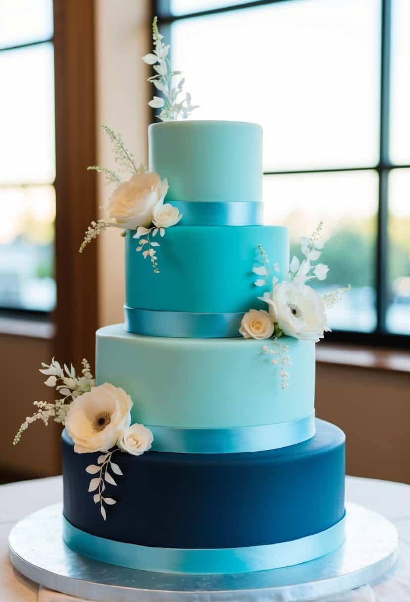 A three-tiered wedding cake with alternating layers of light cyan and navy blue, adorned with delicate floral decorations