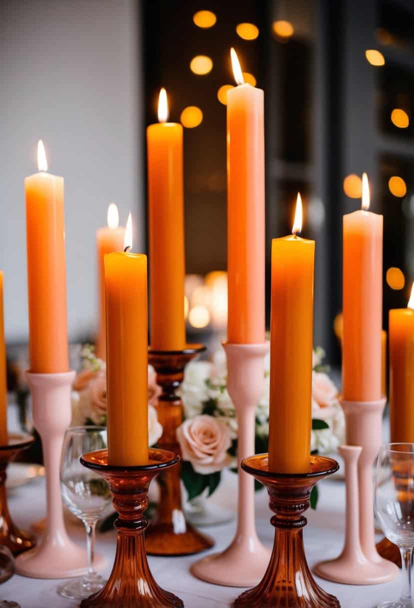 Amber taper candles in burnt orange and blush pink, arranged in a romantic wedding centerpiece