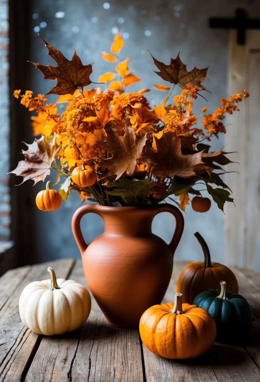 A terracotta vase with autumn leaves, pumpkins, and orange flowers on a rustic wooden table