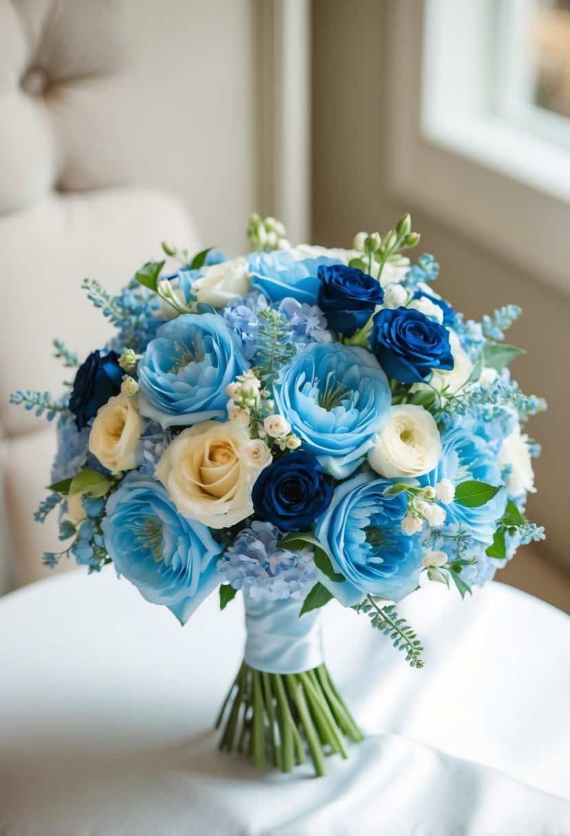 A light blue bridal bouquet with light cyan and navy blue flowers arranged in an elegant and romantic wedding setting