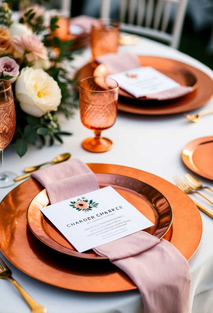 Copper charger plates with burnt orange and blush pink accents arranged on a wedding reception table