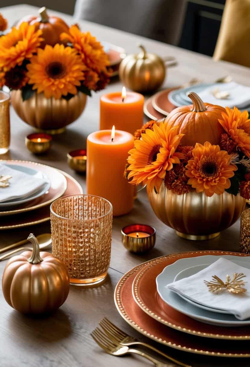 An elegant table setting with pumpkin spice colored flowers, orange candles, and gold accents