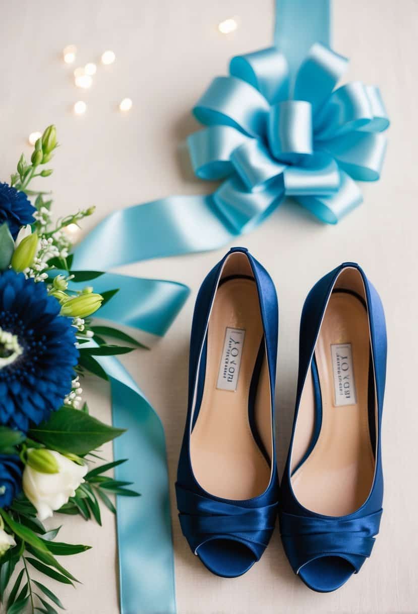Navy blue wedding shoes placed next to a light cyan ribbon and navy blue floral arrangement