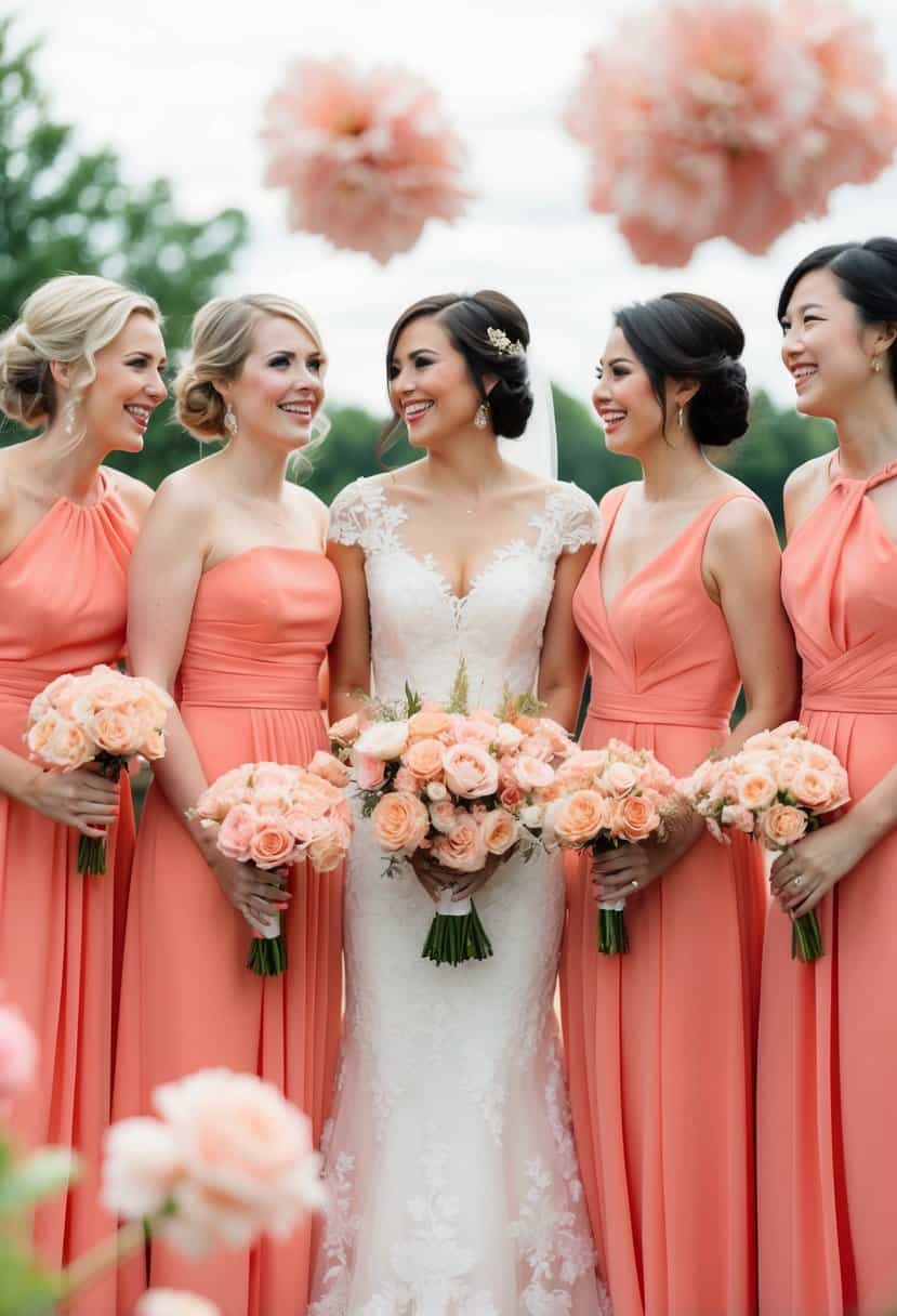 Bridesmaids in coral dresses stand amidst blush pink flowers at a wedding