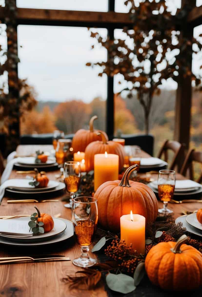 A cozy fall wedding table setting with burnt sienna and delight orange accents, featuring pumpkins, foliage, and warm candlelight
