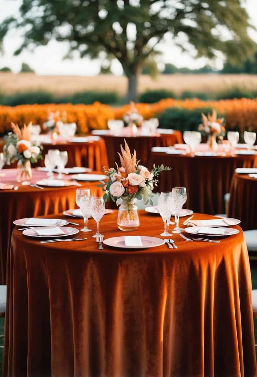 Rust velvet tablecloths adorned with burnt orange and blush pink accents create a warm and elegant wedding color palette