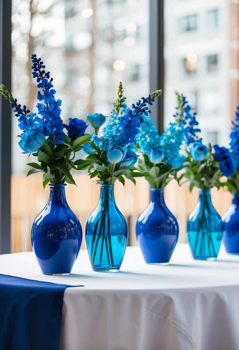 Cyan and navy blue flowers in vases on a white table with matching tablecloth
