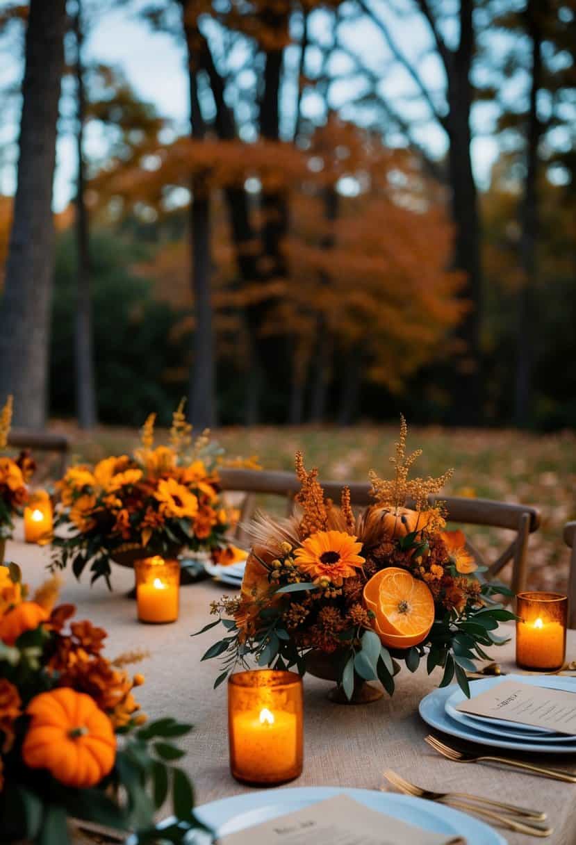 A rustic outdoor wedding setting with amber and orange floral arrangements, surrounded by fall foliage and warm candlelight