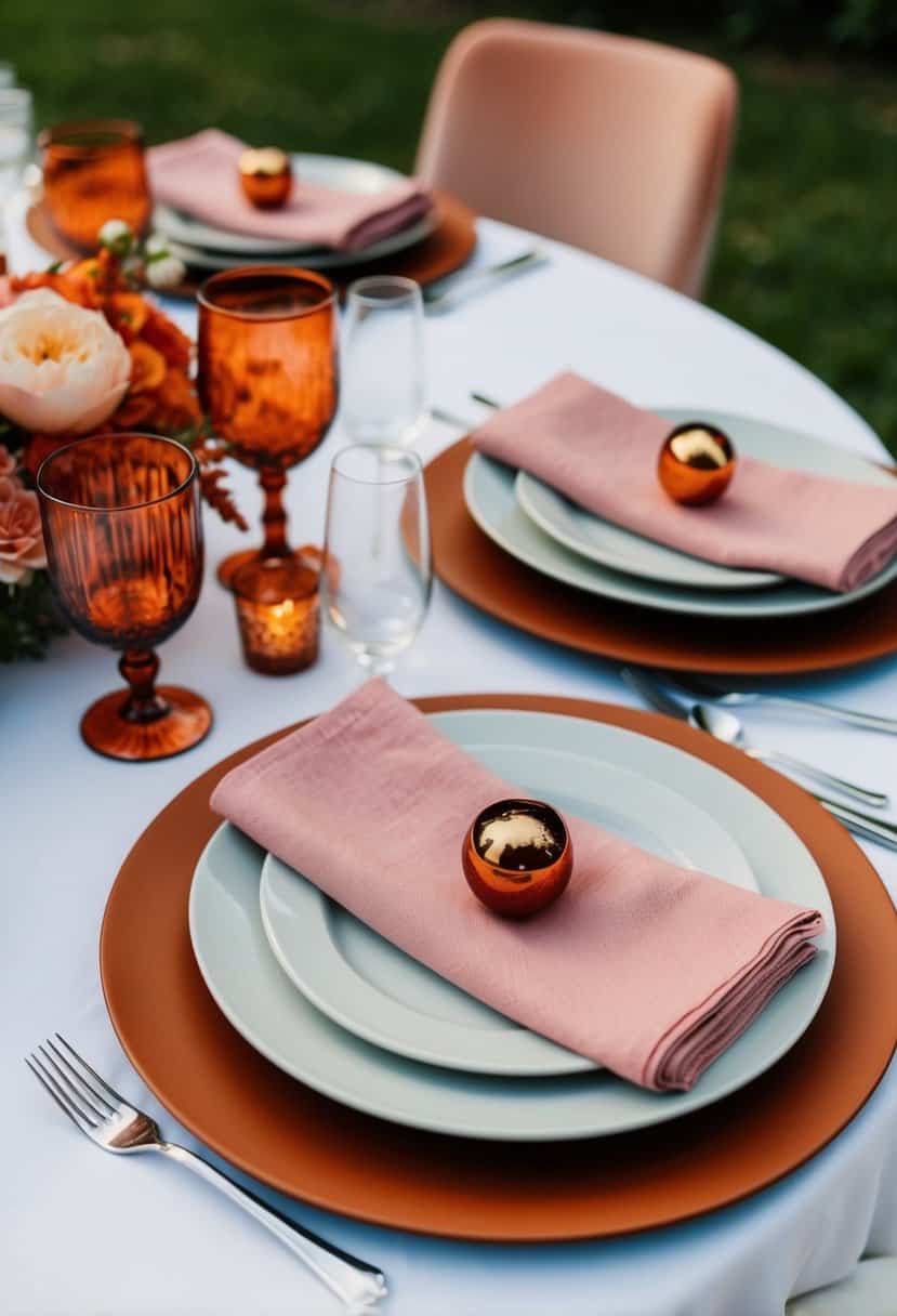 A table set with blush pink napkins and burnt orange accents