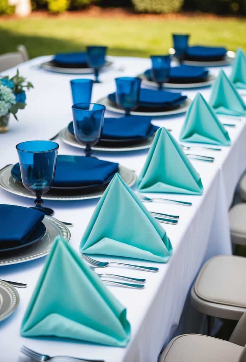 Light cyan napkins arranged with navy blue table settings on a white tablecloth