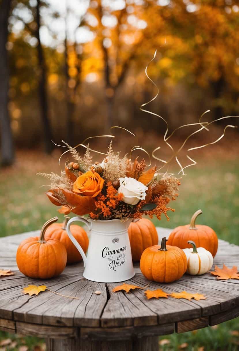 A rustic outdoor wedding scene with cinnamon and orange decor, fall leaves, and whispering wind