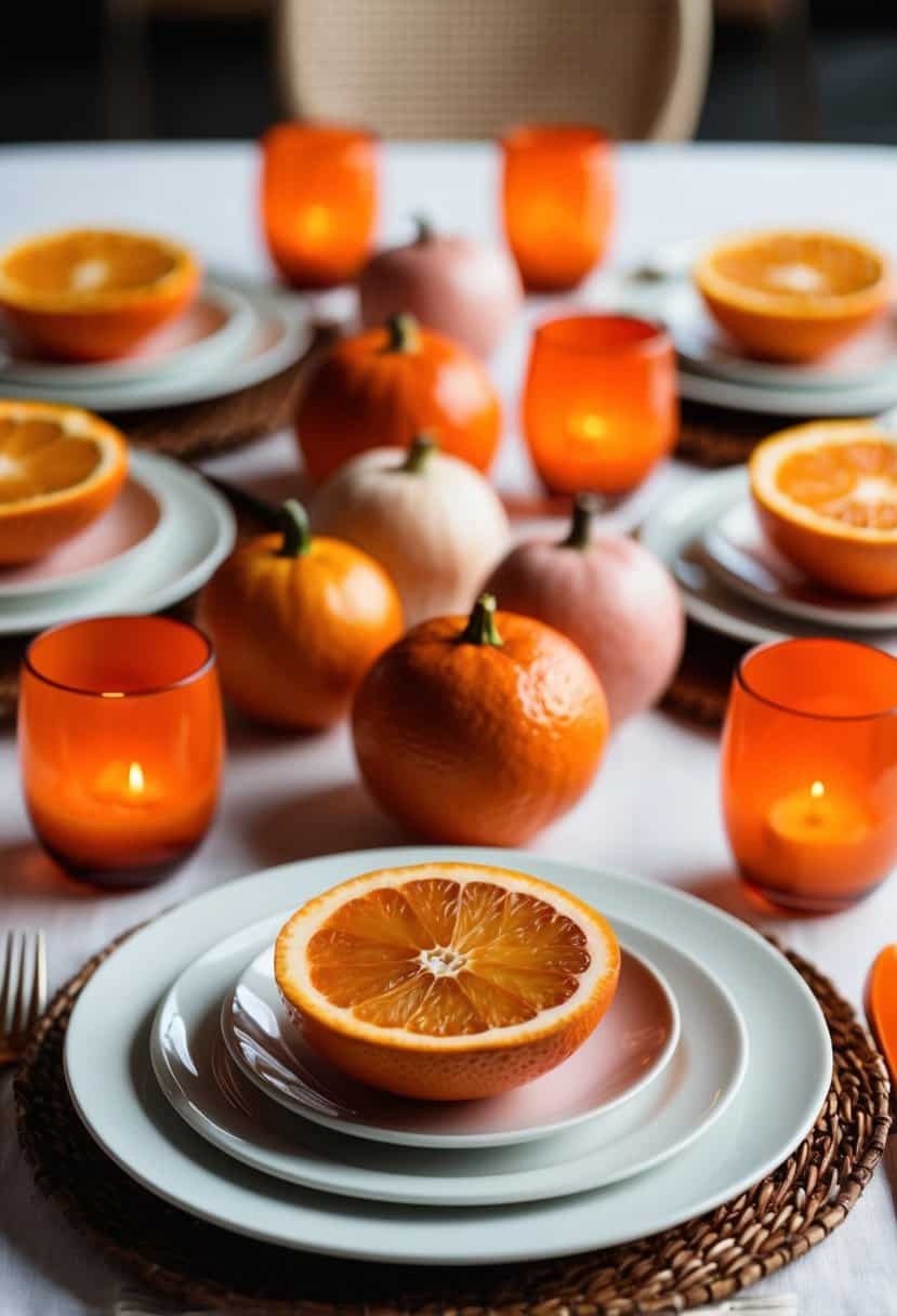 A table set with burnt orange and blush pink citrus centerpieces