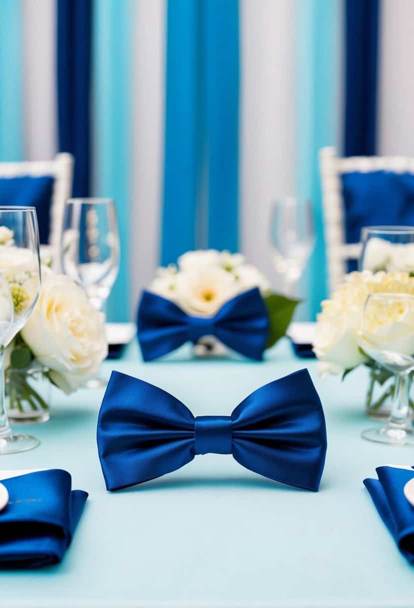 A light cyan and navy blue wedding theme with navy blue bow ties and elegant decor