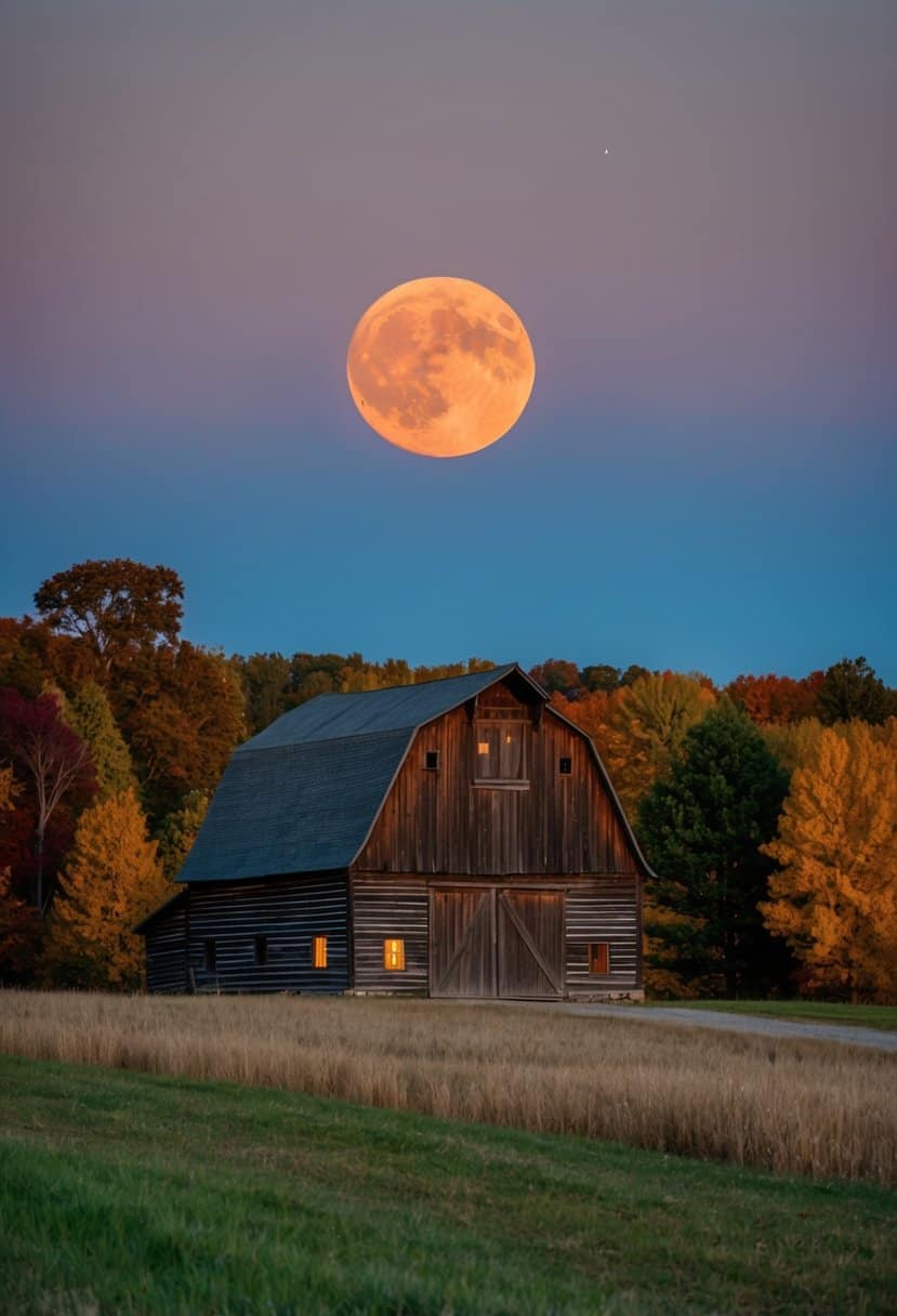 A rustic barn illuminated by an orange harvest moon, surrounded by fall foliage in shades of burnt orange, golden yellow, and deep burgundy