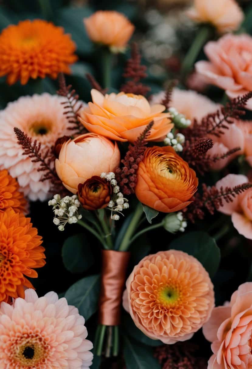 A peach and terracotta boutonniere nestled among burnt orange and blush pink flowers