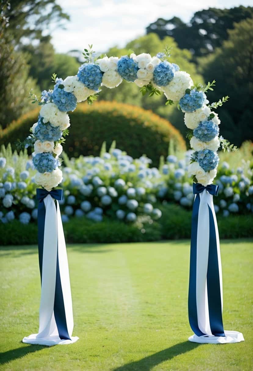 A wedding arch adorned with light cyan and navy blue flowers and ribbons stands in a lush garden