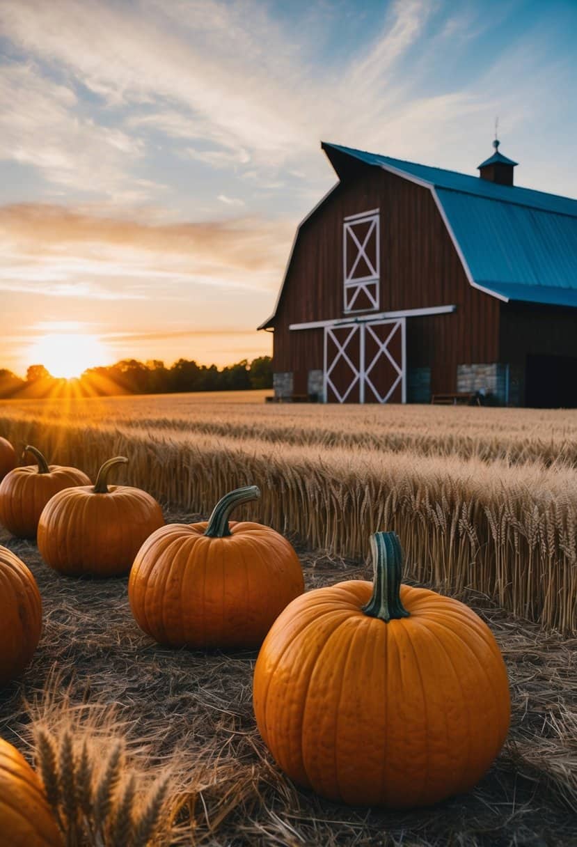 A cozy barn setting with golden wheat fields, deep orange pumpkins, and a warm sunset casting a rustic glow over the landscape