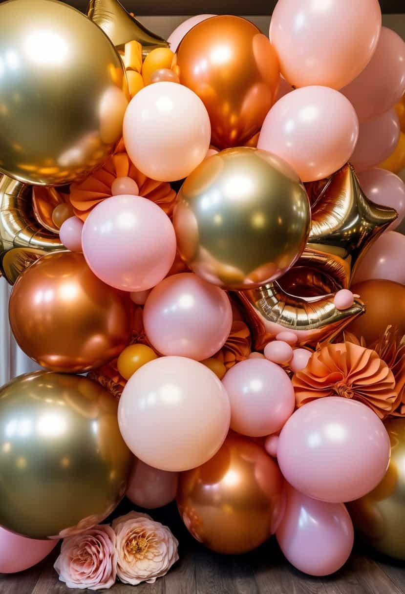 A festive scene with gold and blush pink balloons, accented with burnt orange and blush pink decor, evoking a romantic wedding atmosphere