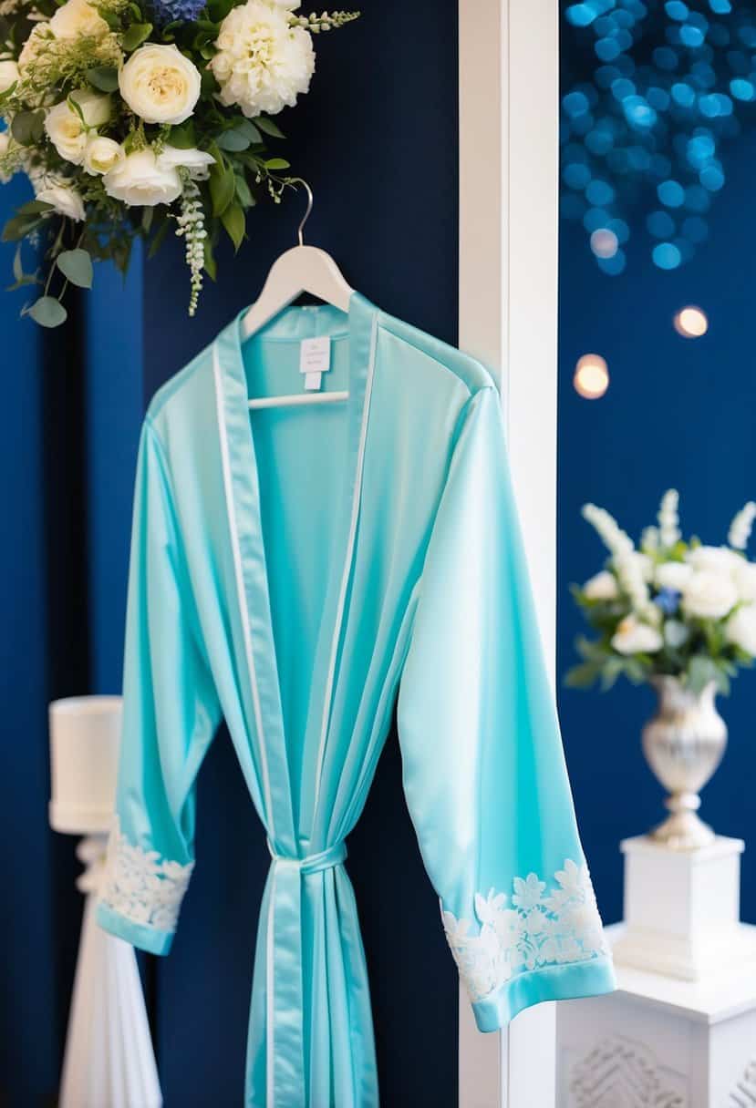 A light cyan bride's robe hangs next to navy blue wedding decor and flowers