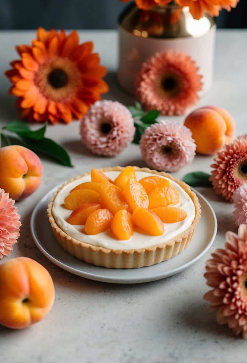 A cream cheese and apricot tart surrounded by burnt orange and blush pink flowers and decor