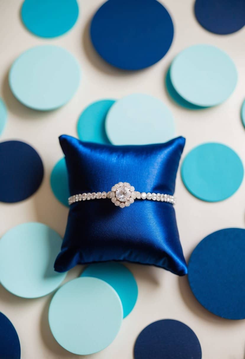 A navy blue ring pillow surrounded by light cyan and navy blue wedding decor