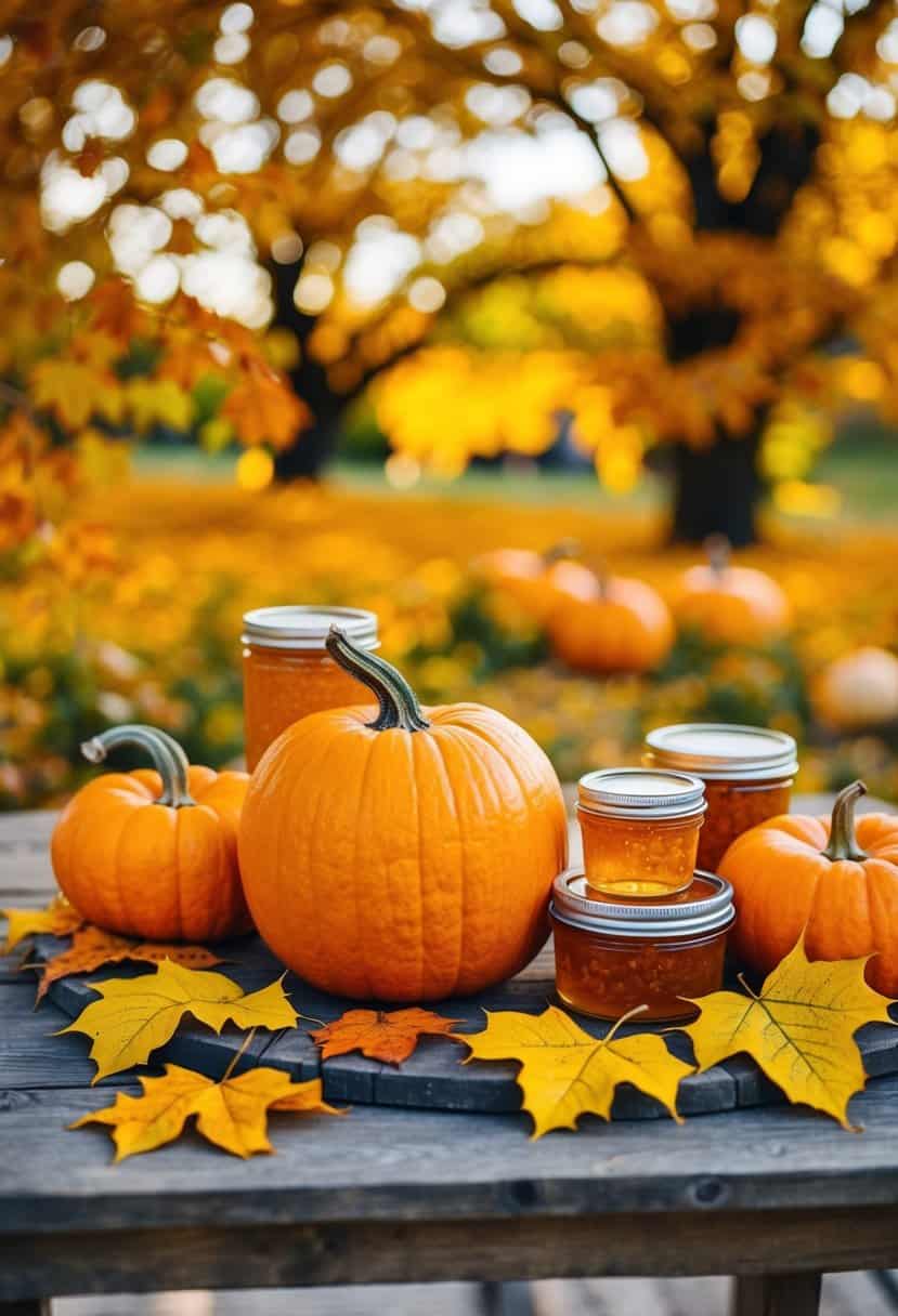 A vibrant orange and gold autumnal landscape with pumpkins, leaves, and marmalade jars arranged on a rustic wooden table