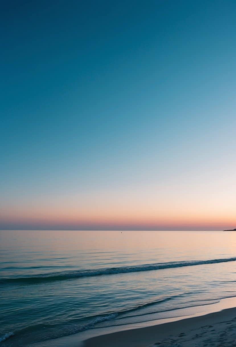 A serene beach at sunset, with a gradient of light cyan and navy blue in the sky and reflected in the calm ocean