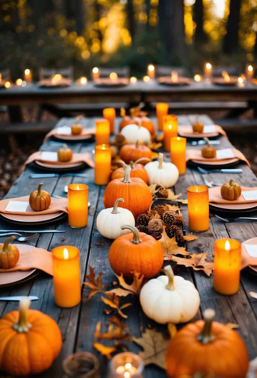 A cozy outdoor wedding: Rustic wooden tables adorned with pumpkins, dried leaves, and candles in warm shades of orange and gold