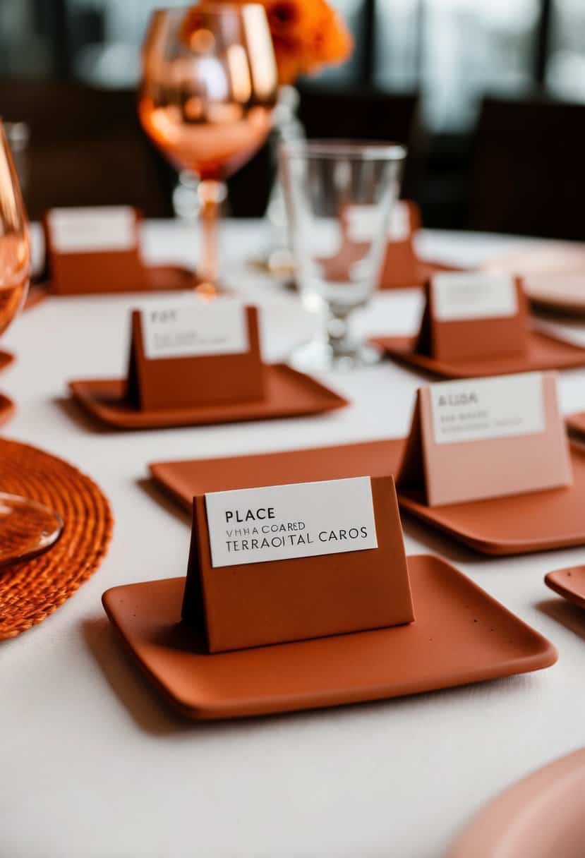 Terracotta clay place cards arranged with burnt orange and blush pink decor